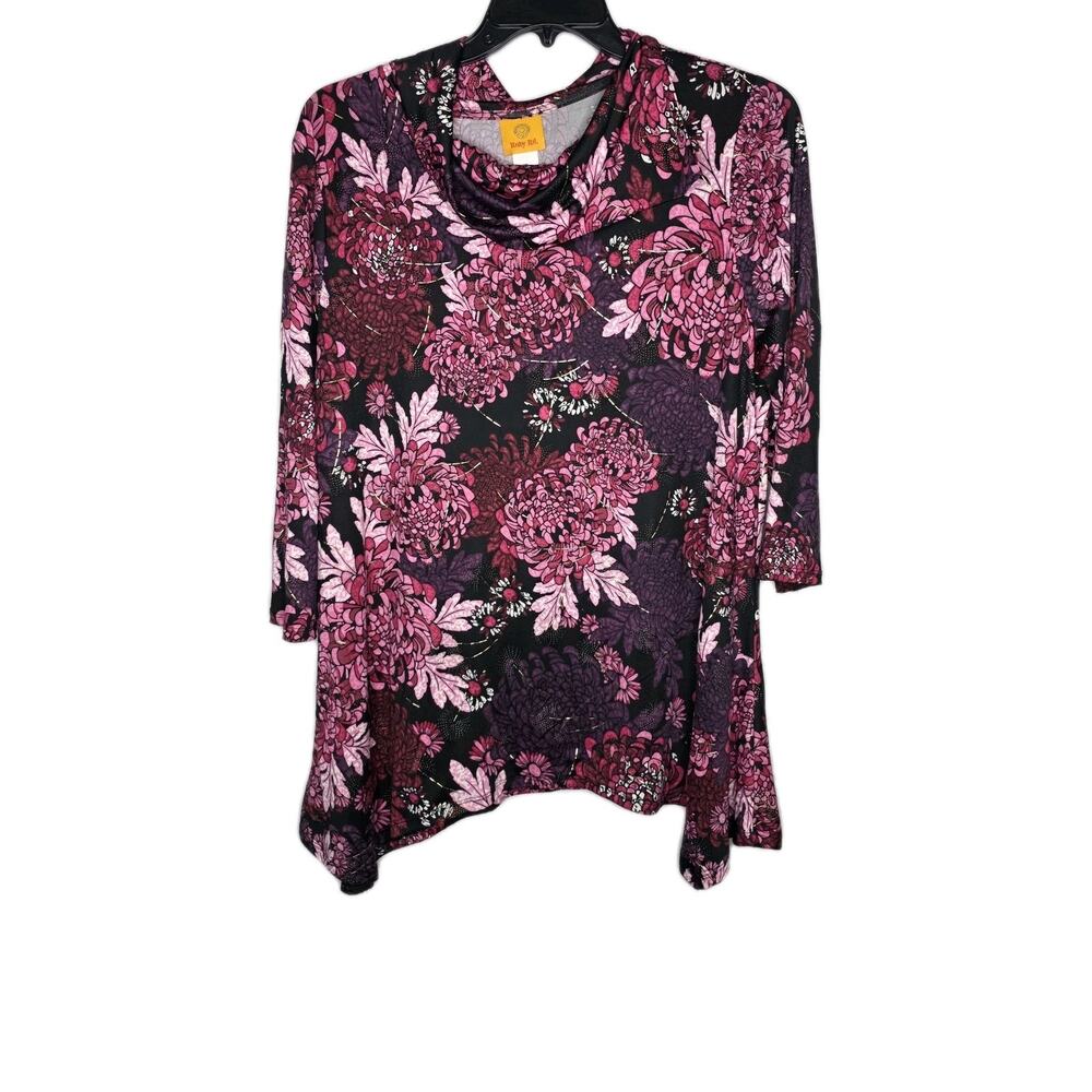 Ruby Rd Size XL Colorful Floral Berry Pink 3/4 Sleeve Stretch Knit Top Tunic